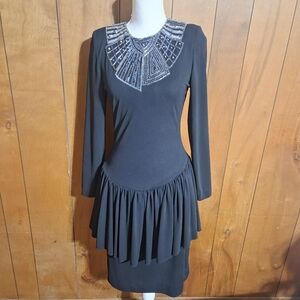 Nuni Vintage 1980s Black Dress Dropped Waist Egyptian Inspire Beading Sz 8